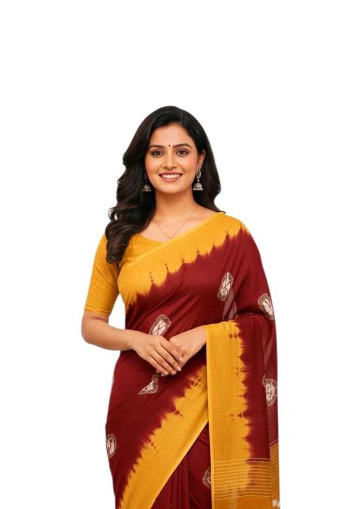 New Elegant Maroon &amp; Mustard Cotton  Saree