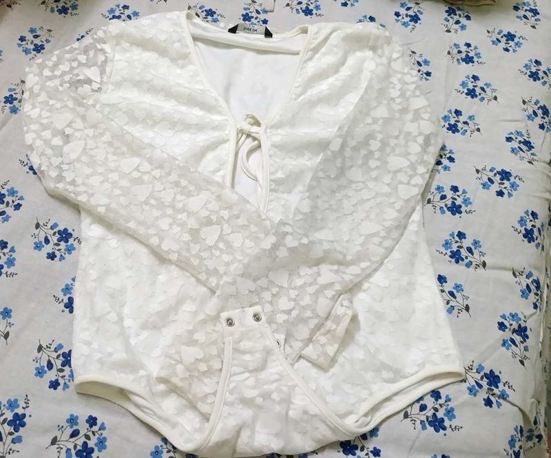 White Lace Heart Print Bodysuit