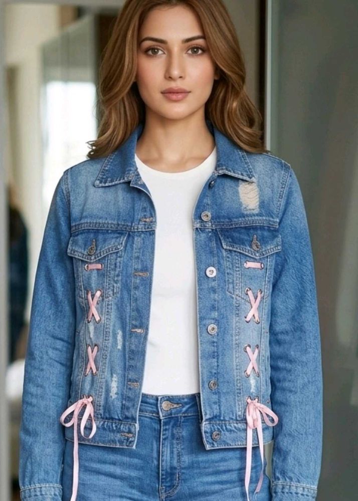 Distressed Denim Jacket with Pink Lace-Up Detail