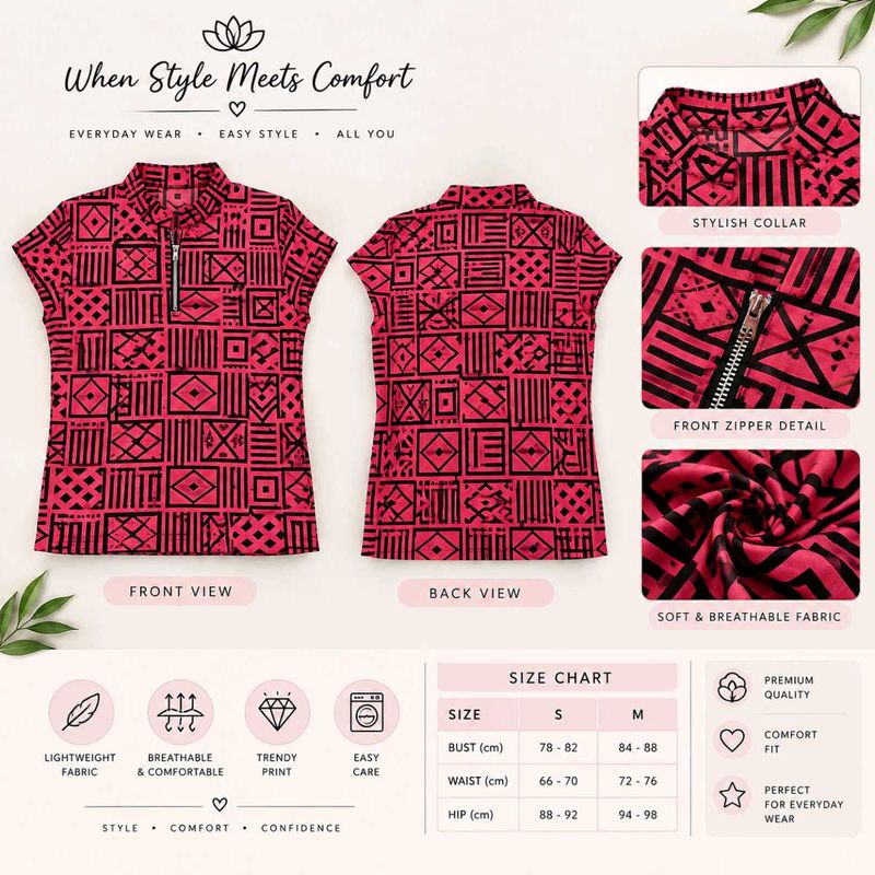 Stylish Geometric Print Zipper Top