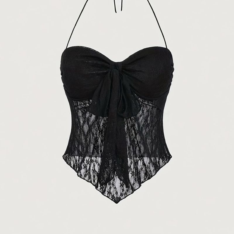 Black Lace Bow Halter Top