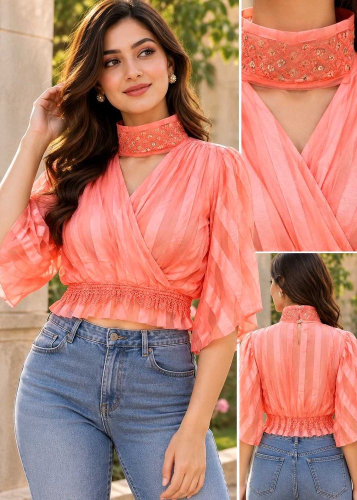 Stylish Coral Puff Sleeve Wrap Top