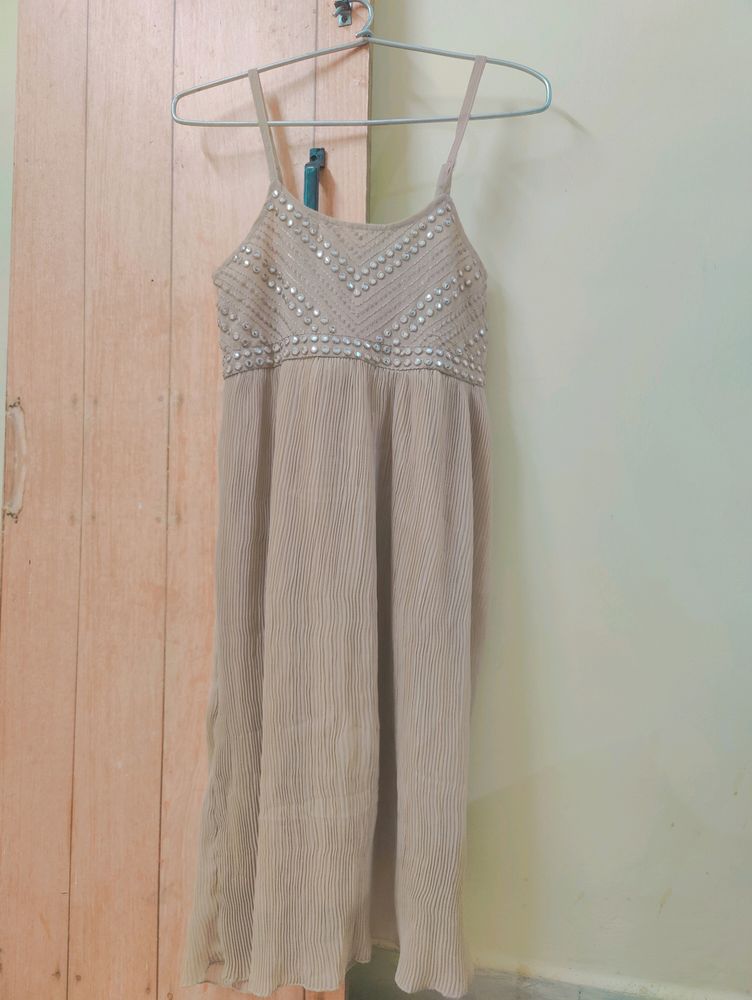 Beautiful Light Brown Knee Length Dress, Plastic Mirror Work, Round Neck, Stretchable, Adjustable Straps. Soft Material With Inner Lining. Totally New.
