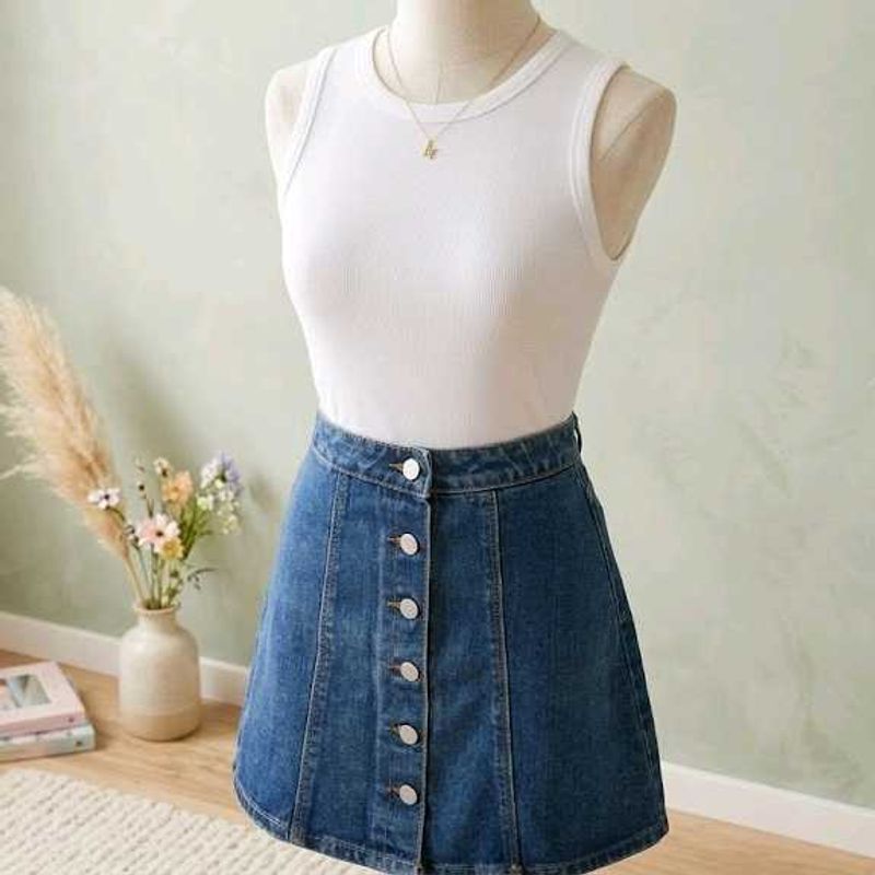 Button-Front Denim A-Line Mini Skirt🌀