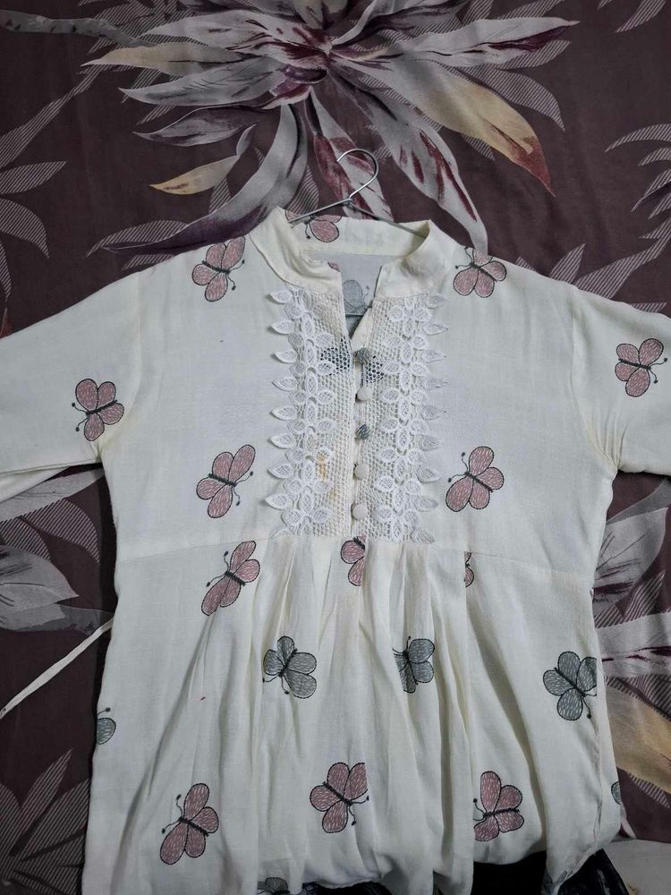 Cream Butterfly Print Kurta