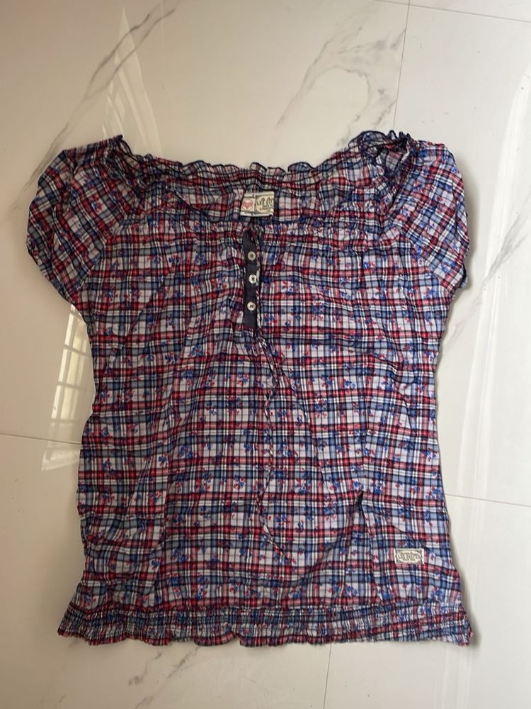 Red &amp; Blue Plaid Puff-sleeved Fitted too