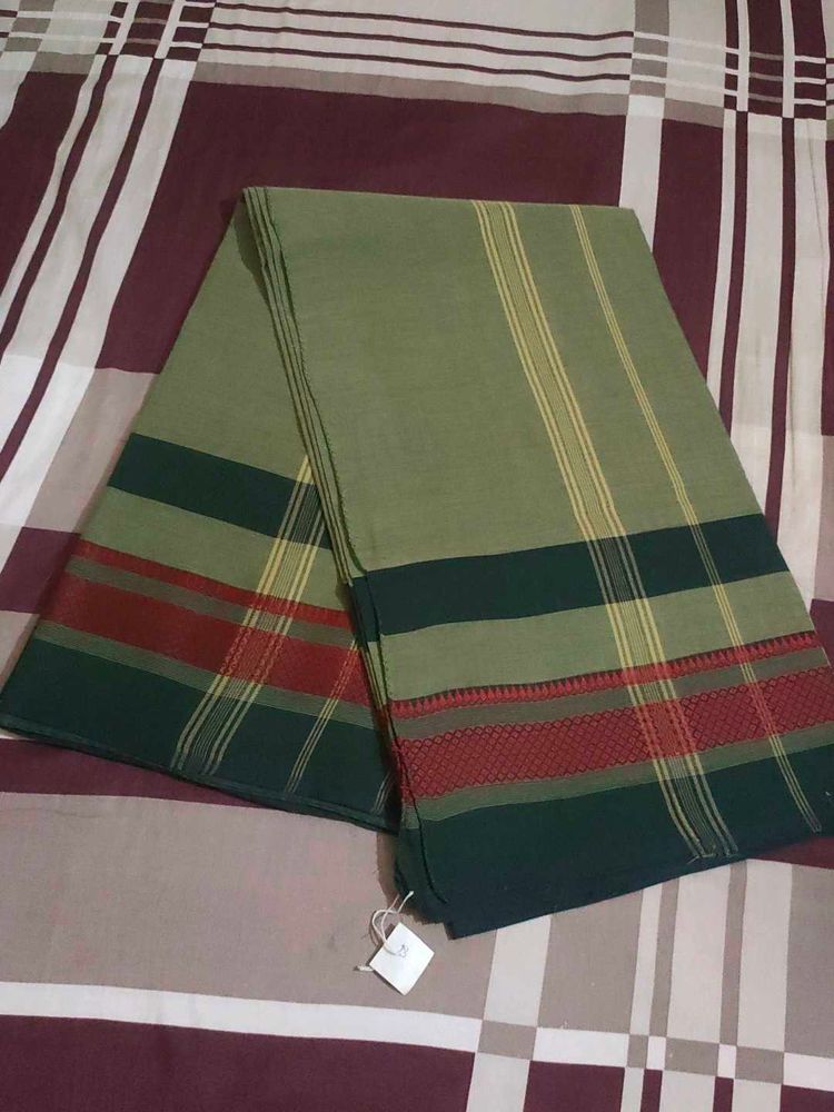 Green Cotton Saree with Striped Border