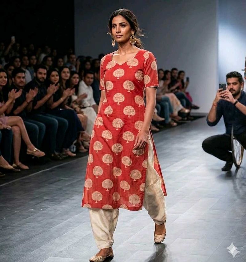 Red and Ivory Banarsee Silk cotton Kurta Set!