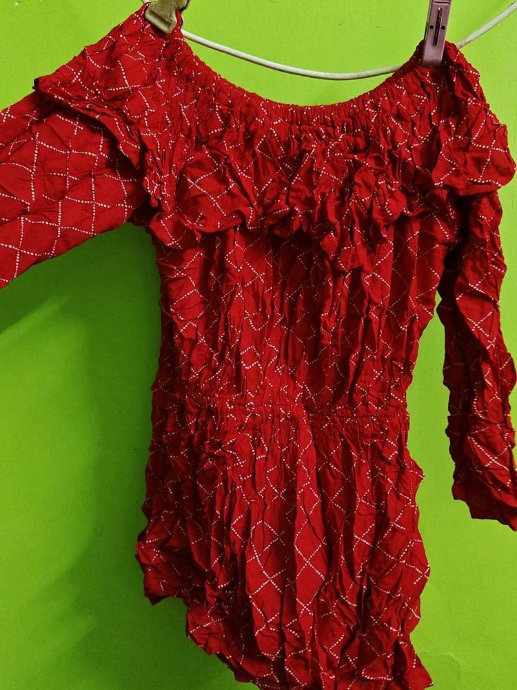 Red Off-Shoulder Bandhani Print Top