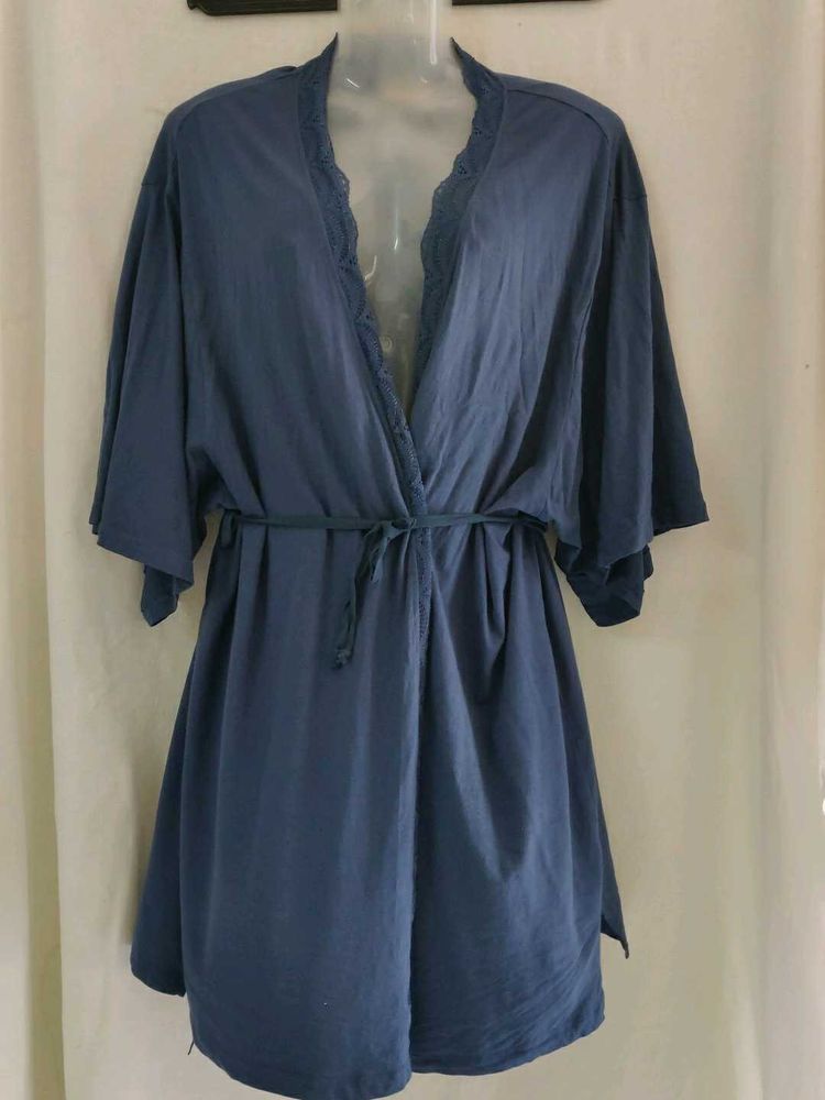 Blue Kimono Robe with Lace Trim