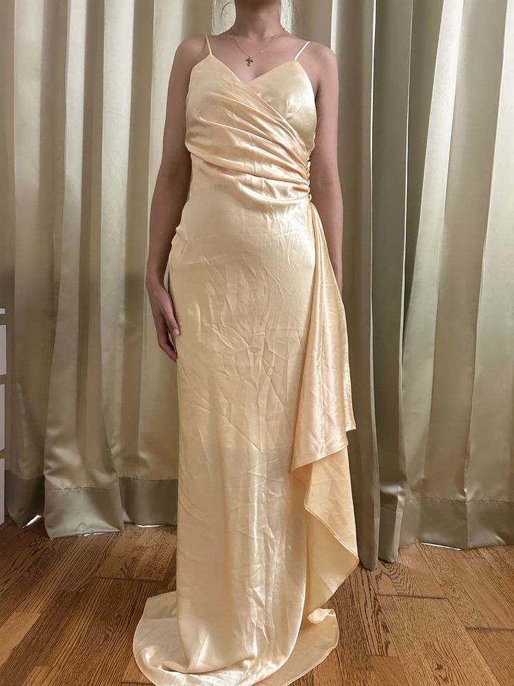Champagne Satin Ruched Draped Gown