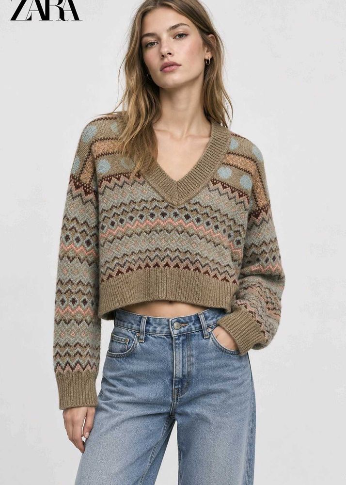 ZARA Cozy Geometric Pattern V-Neck Sweater
