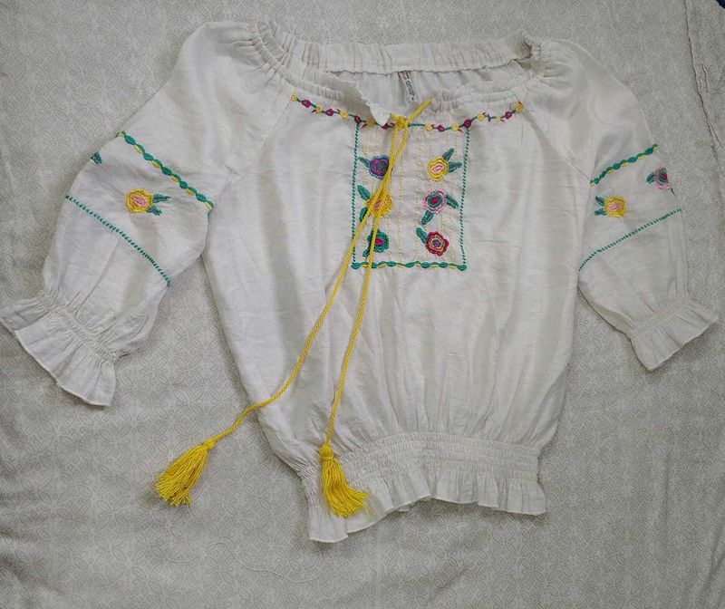 White Embroidered Bohemian Blouse/Top
