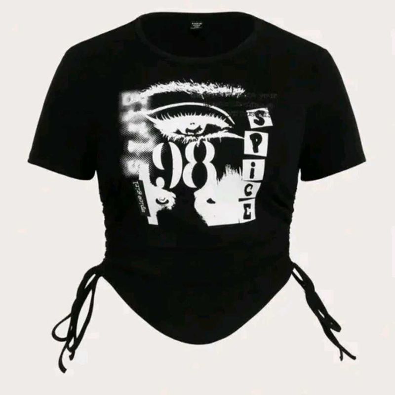 Graphic Print Black Drawstring side Crop Top