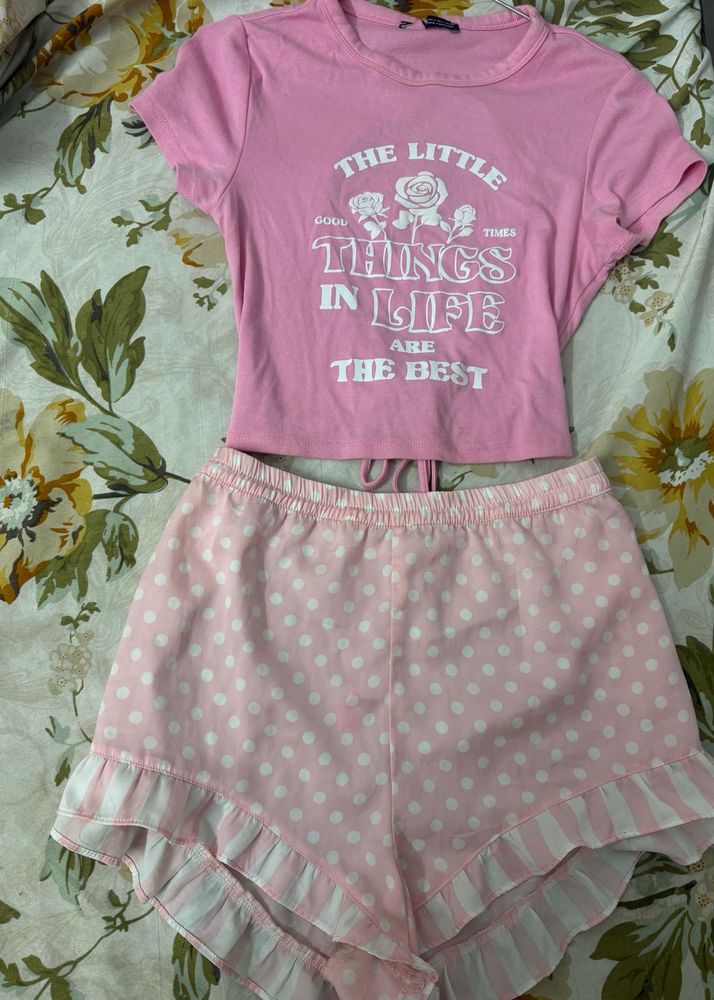 Cute Pink Crop Top and Polka Dot Shorts Set
