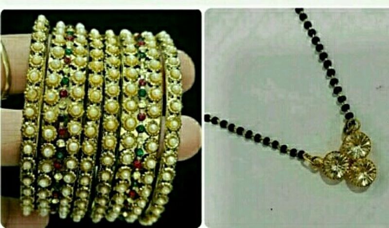 Set 2 Moti Metal Ki Chudiya &amp; Diamond Mangalsutra