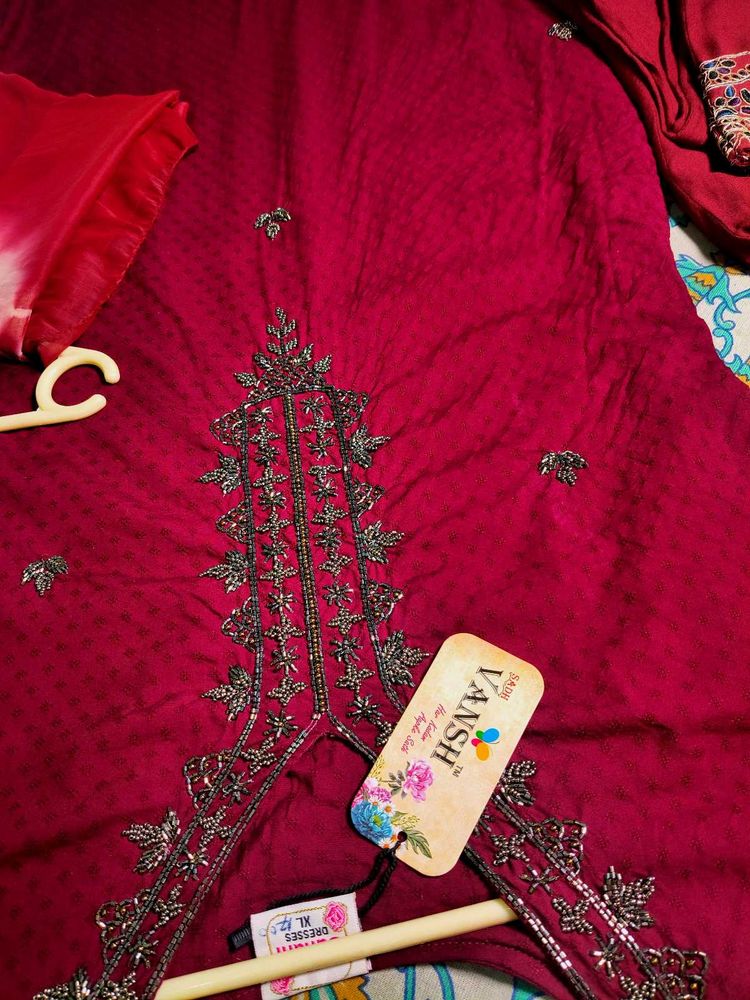 Maroon Embroidered Kurta Set with Pants &amp; Dupatta