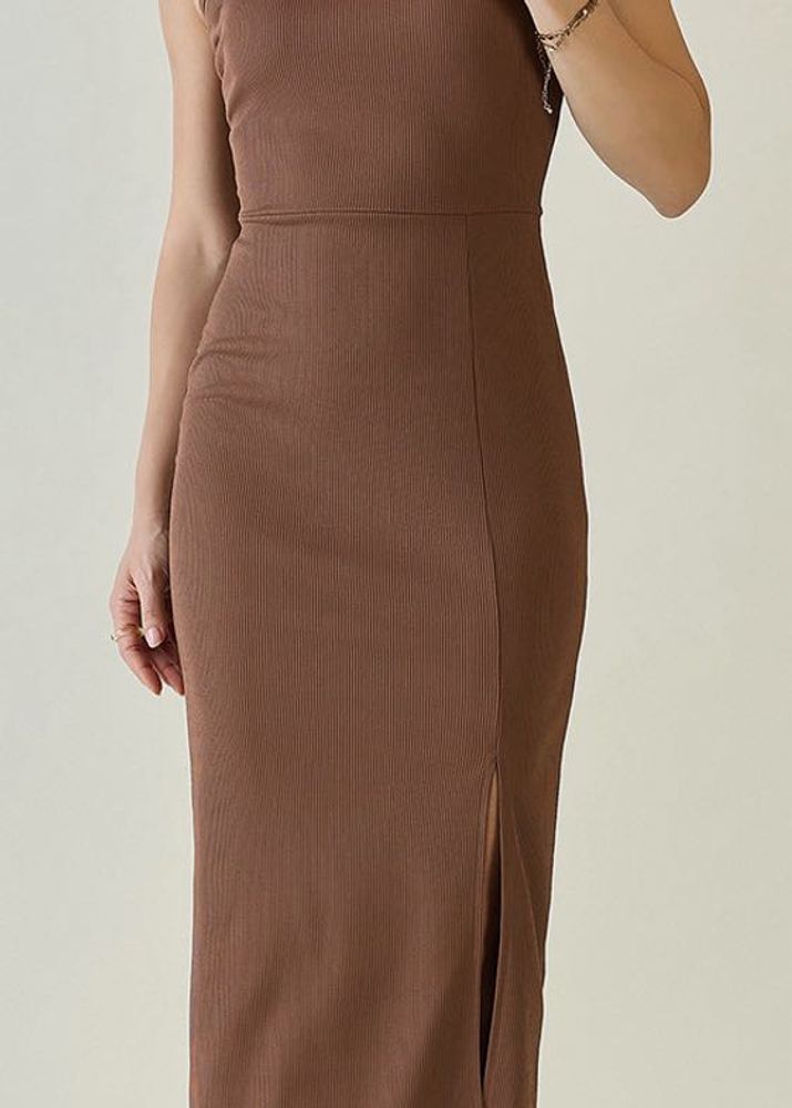 Brown Ribbed Midi Dress