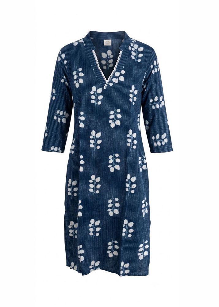 Blue Leaf Print V-Neck Kurta