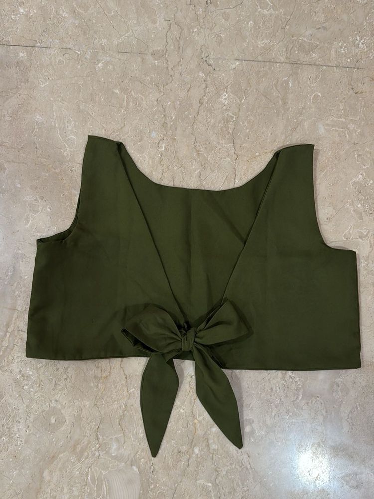 Olive Green Tie-Front Crop Top