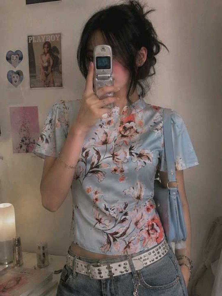 Y2K floral satin top
