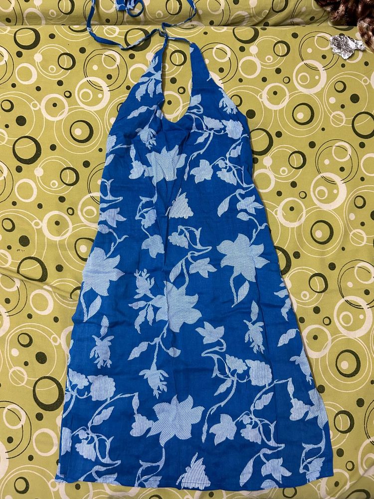 Blue Halter Neck Short Kurti
