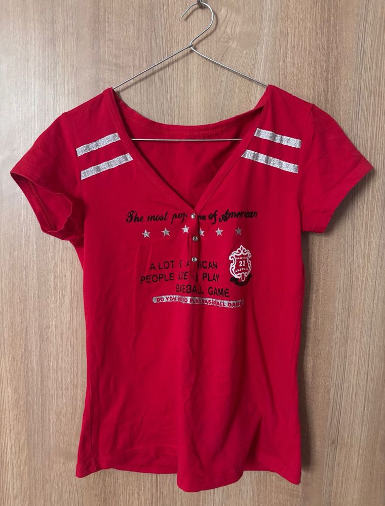 Red V-Neck Graphic T-Shirt