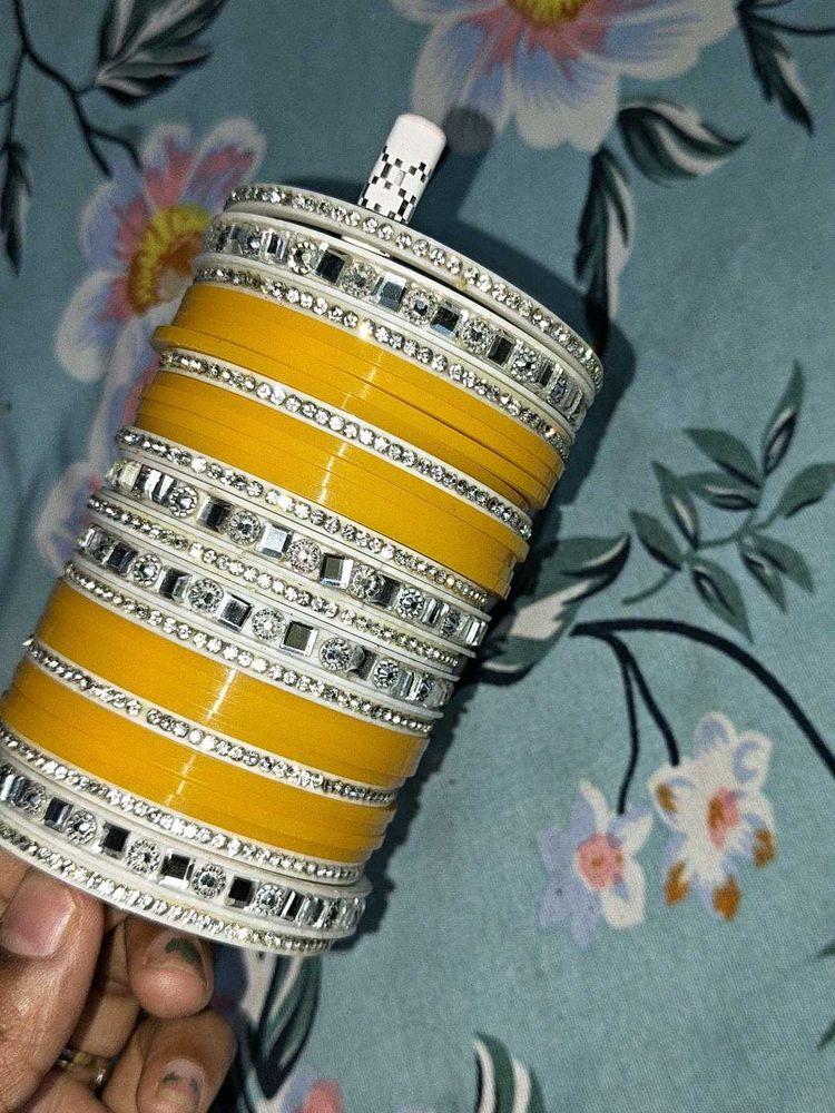 Yellow Chura Bangles with Rhinestones