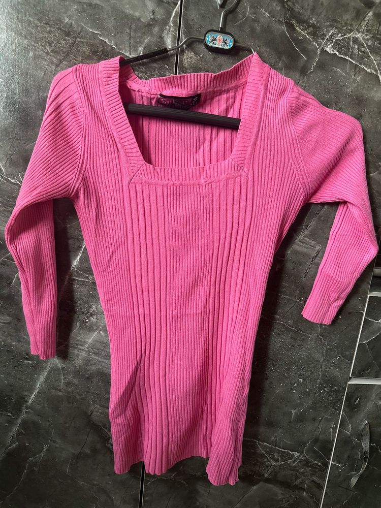 Pink Ribbed Square Neck Top
