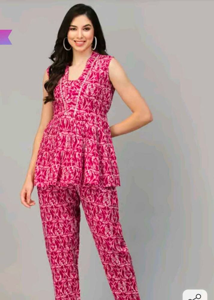 Vibrant Pink Printed Cord set in XL size