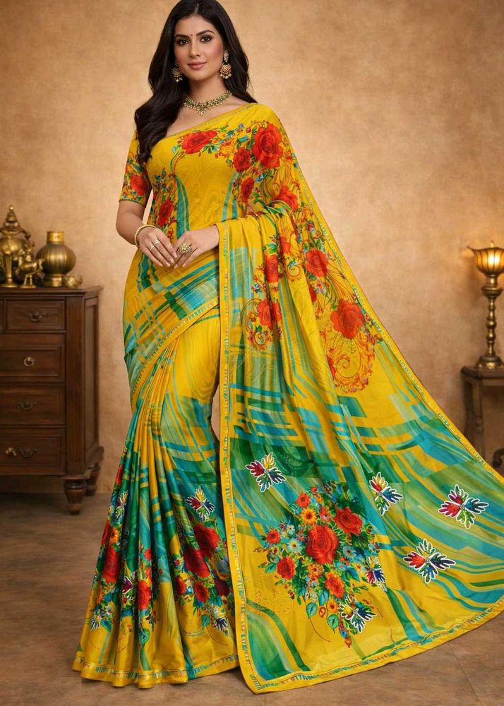 🇳🇿💫🎀Vibrant Yellow Floral Print Saree