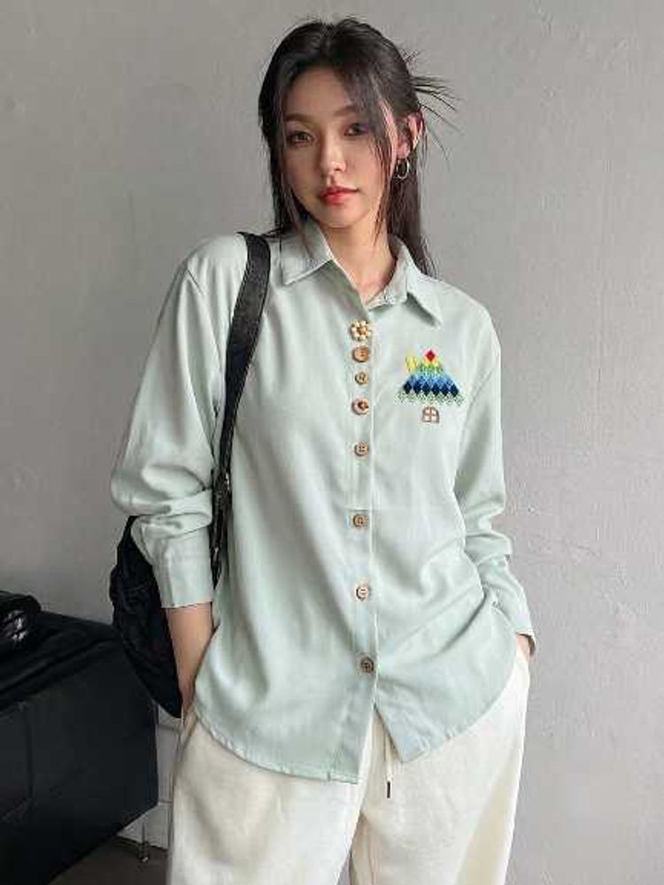 Korean Premium Cute Embroidered Button-Up Shirt