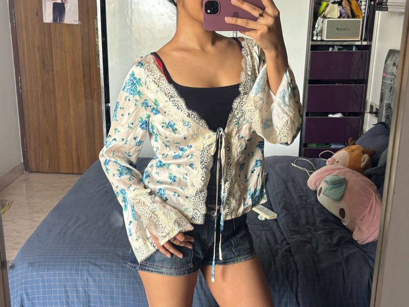 Boho Floral Tie-Front Kimono Top cardigan