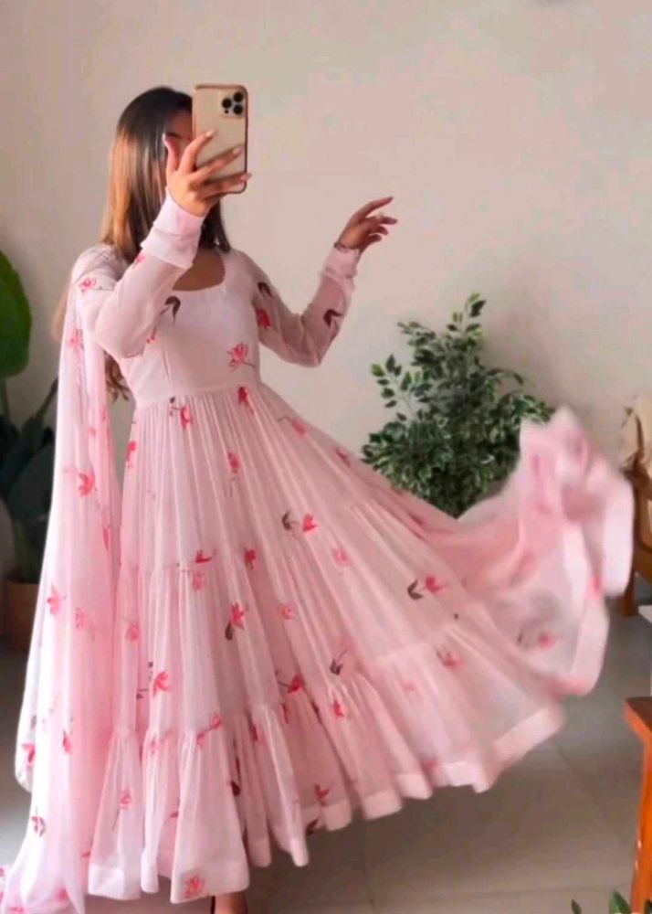 Chic Pink Floral Anarkali Gown