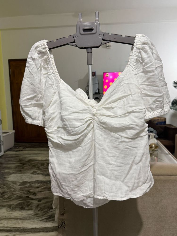 Chic White Ruched Puff Sleeve Top