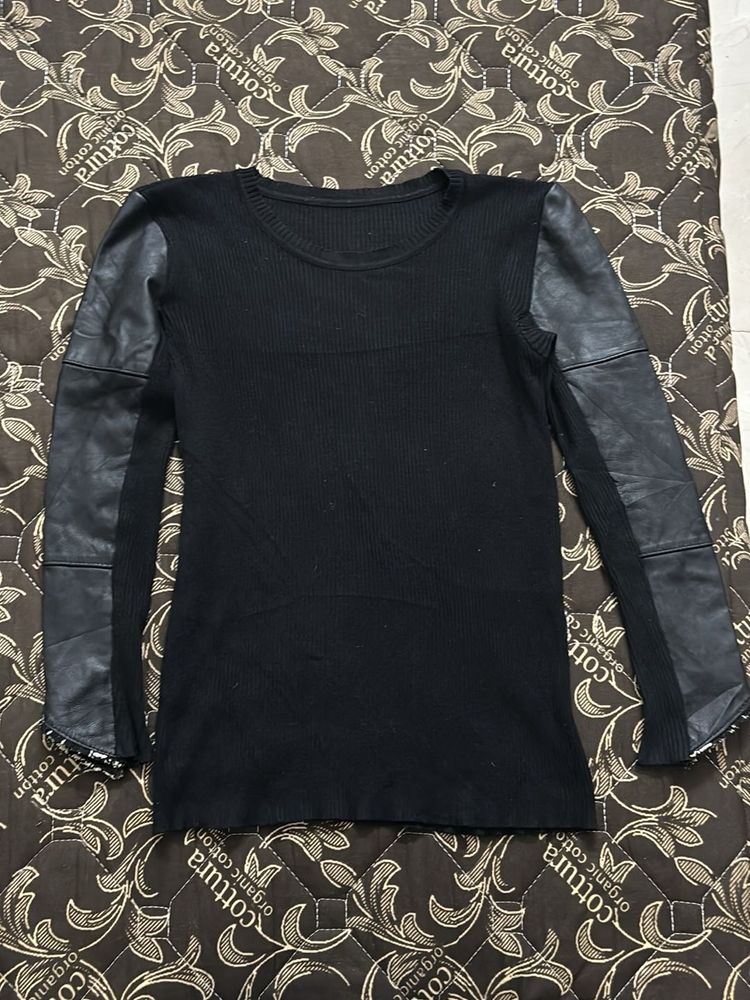 Chic Black Top with Faux Leather Sleeves