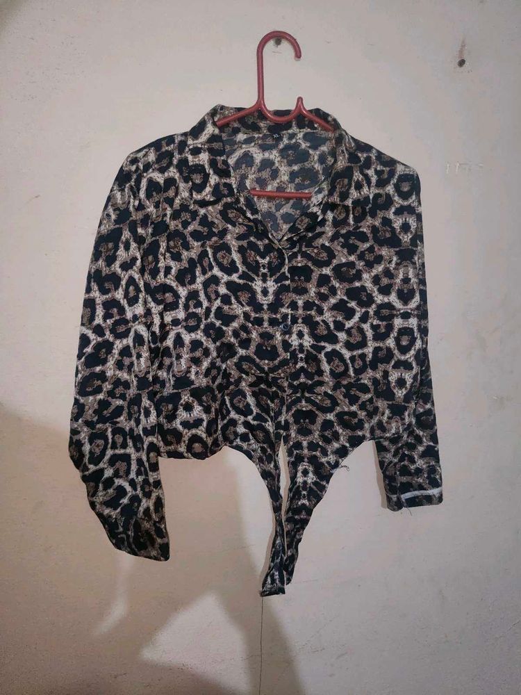 Leopard Print Button-Up Crop Shirt