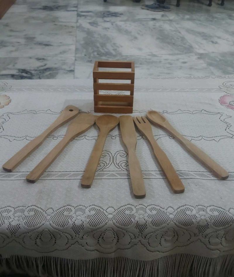 Wooden Kitchen Utensil Set with Holder