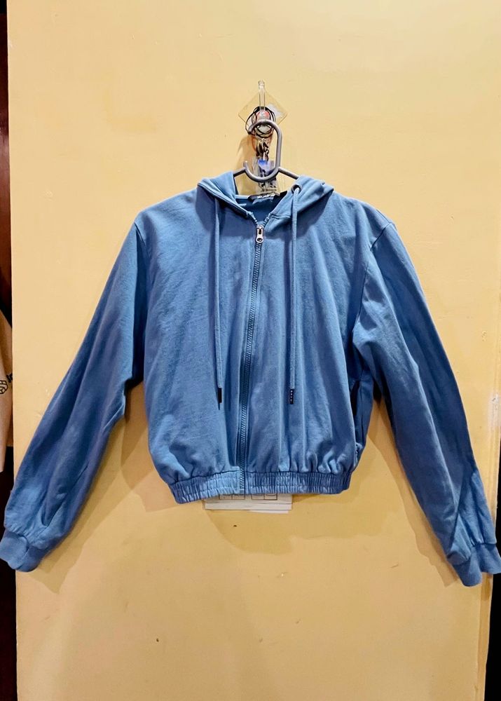 Blue Cropped Zip-Up Hoodie