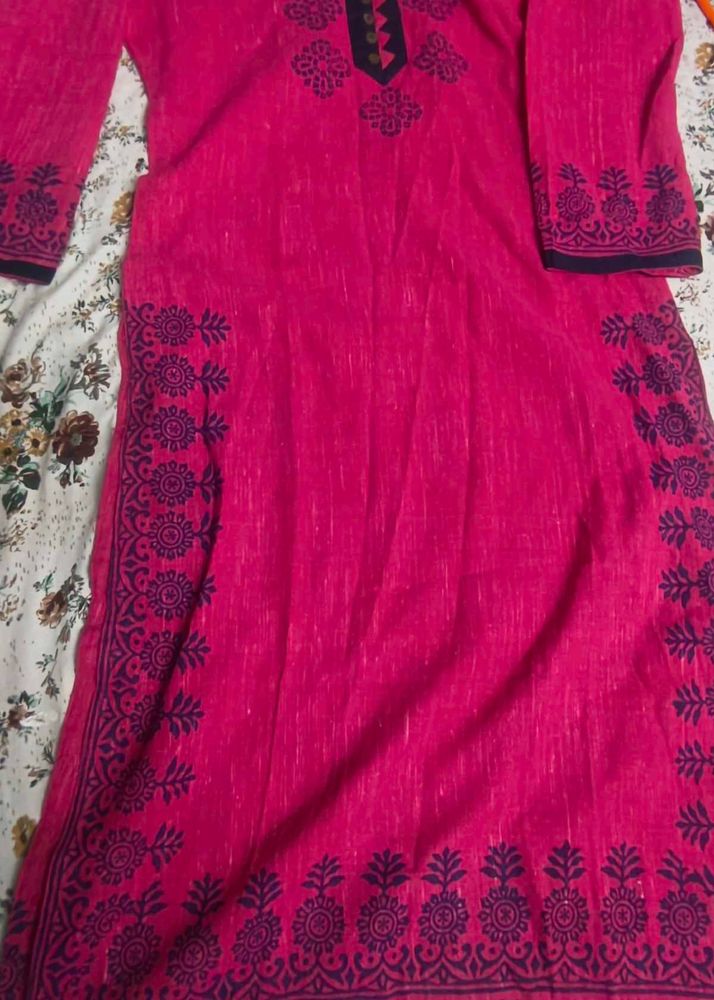 khadi cotton Pink Kurta with Navy Print