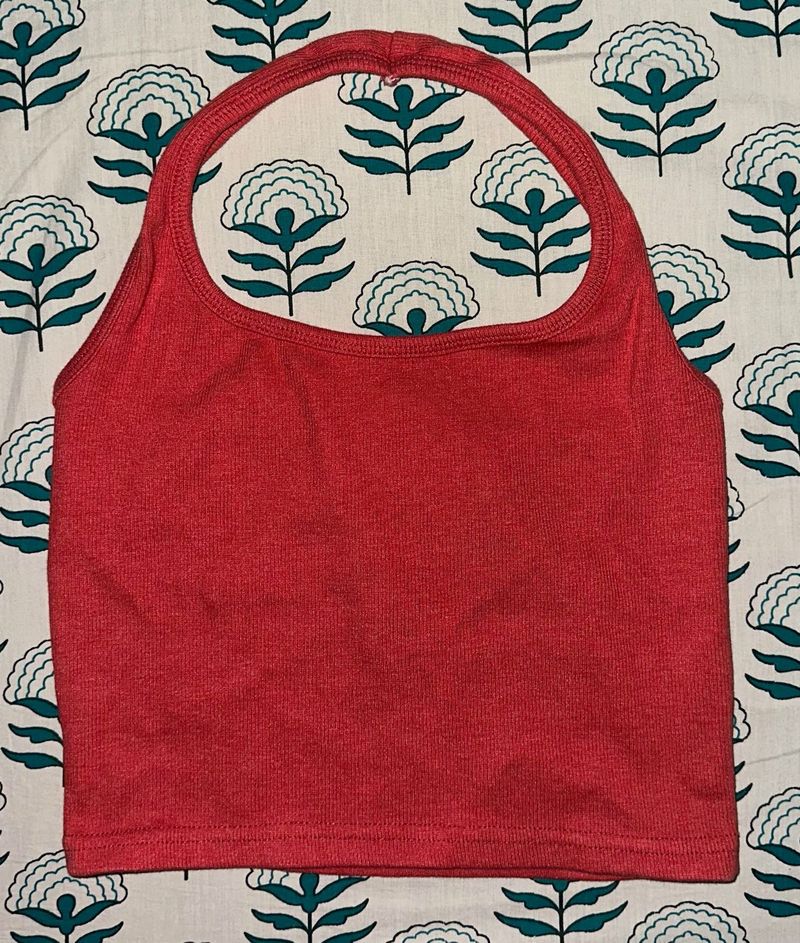 Red Ribbed Halter Neck Crop Top