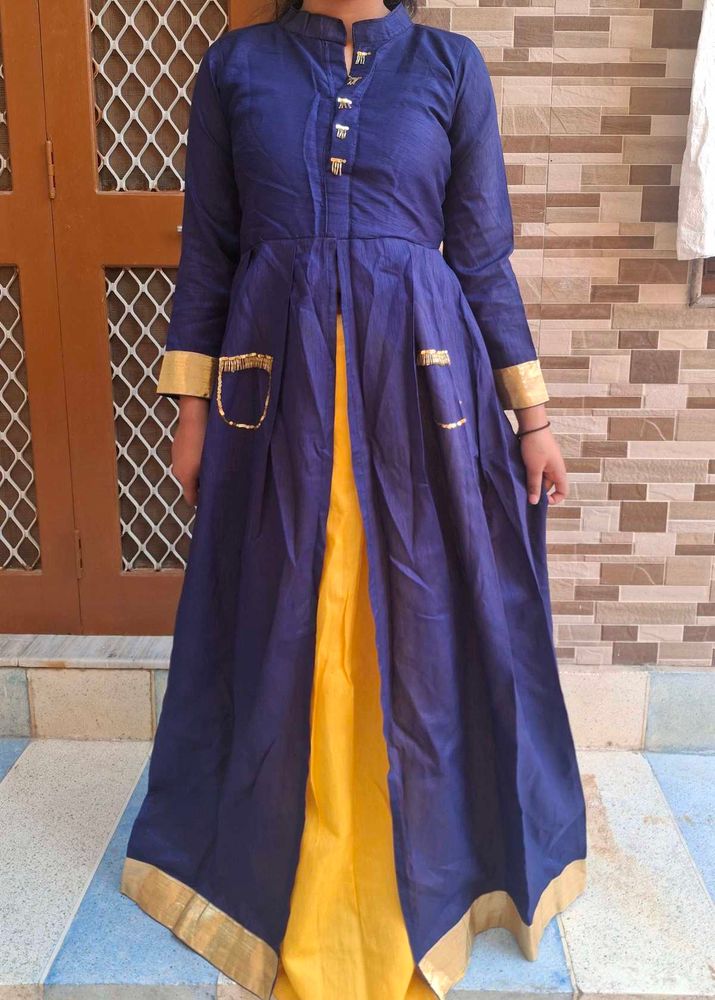 Elegant Navy Blue &amp; Gold Kurti with yellow skirt