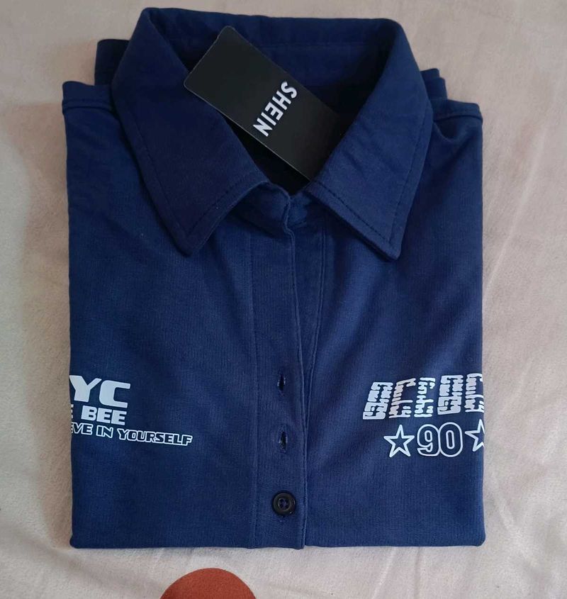 Shein Graphic Print Navy Blue Polo Shirt