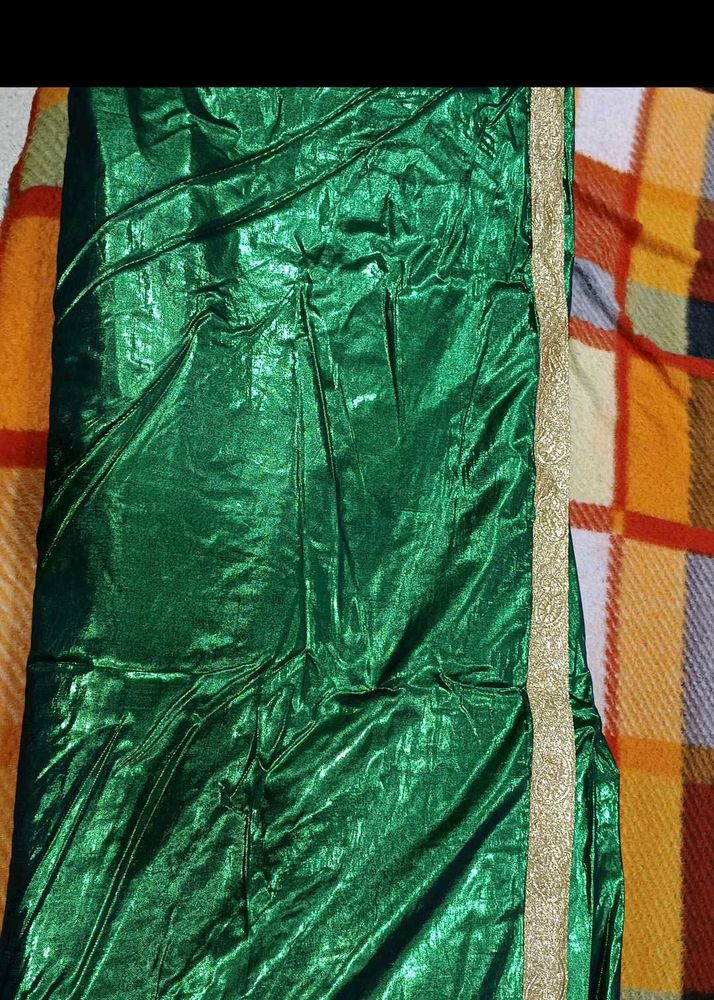 Shiny Green Saree with Gold Border