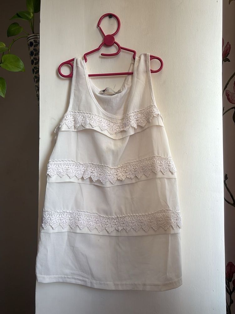 White Tiered Lace Trim Tank Top