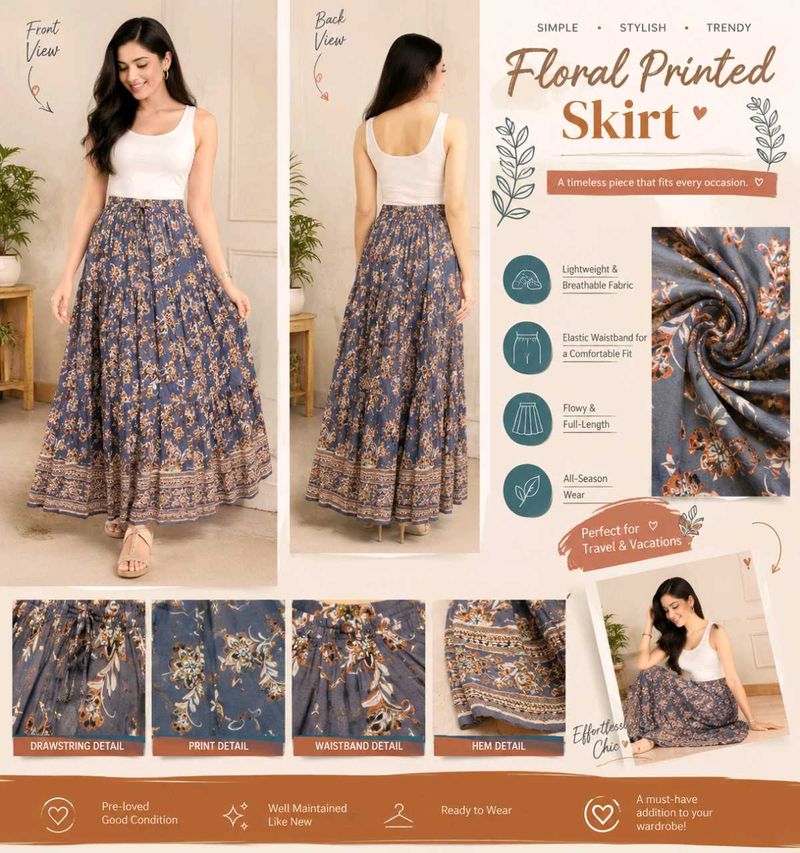 Grey Floral Printed Long Skirt 🌸