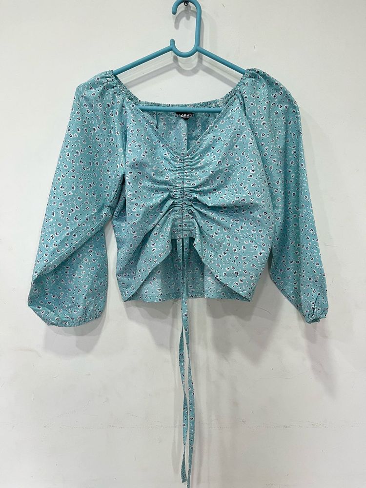 Blue Floral Ruched V-Neck Long Sleeve Top