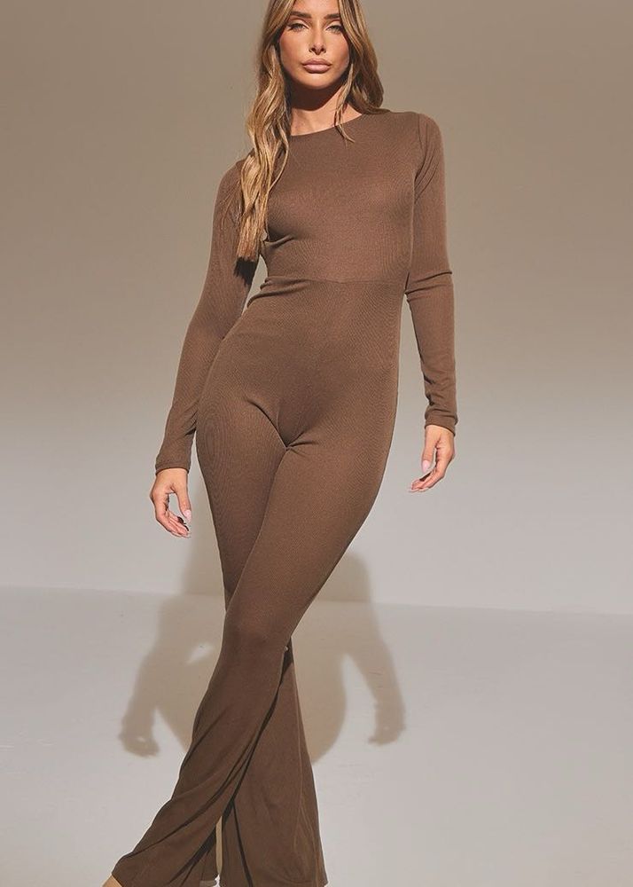 PrettyLittleThings Brown Ribbed Long Sleeve Jumpsu