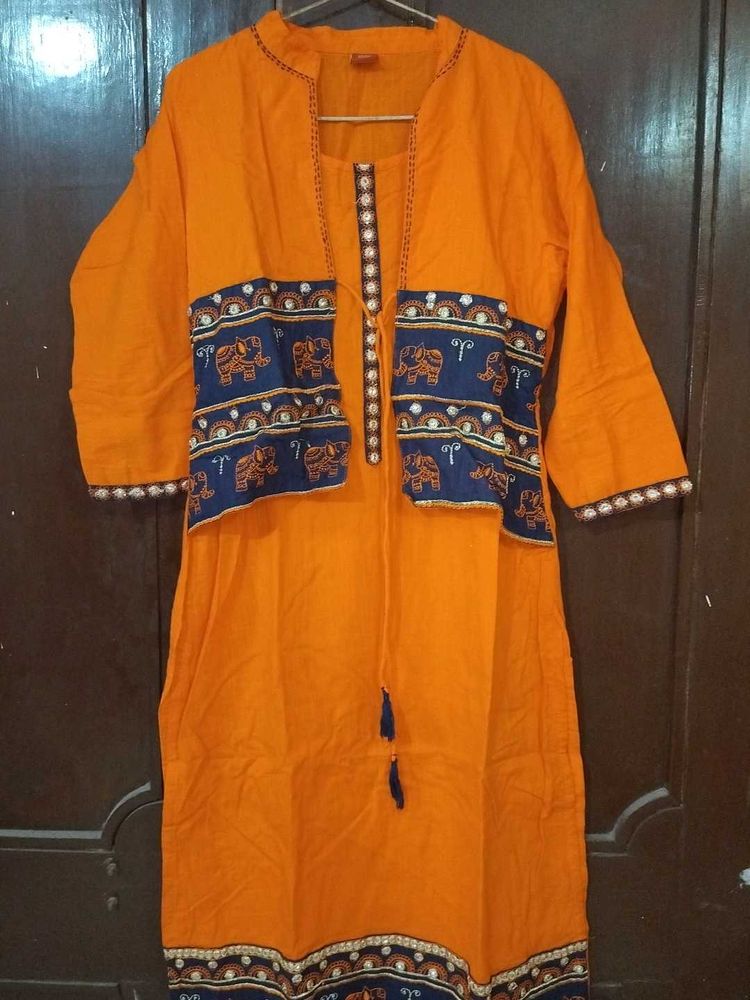 Orange Elephant Print Kurti with Jacket