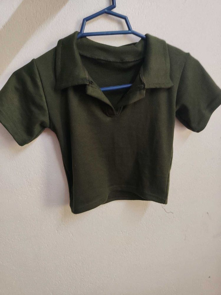 Olive Green Collared Crop Top .. polo t shirt